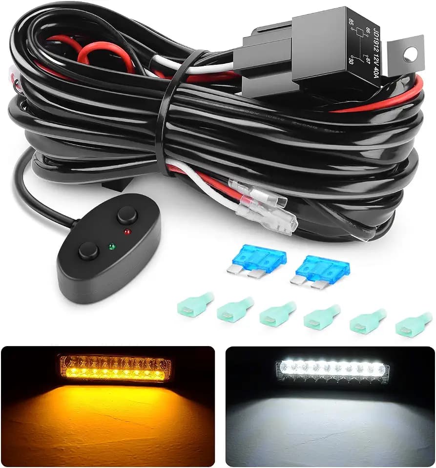 Nilight 10031W Amber White Dual Color Light Bar Wiring Harness Kit 16AWG with 12V Relay 15A Inline Blade Fuse Push Button Switch for Offroad Driving Light, 2 Leads