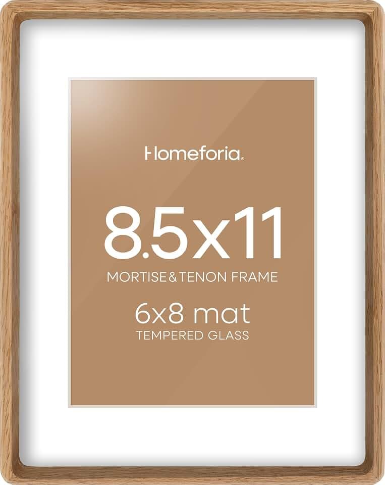 Homeforia 8.5x11 Mortise&Tenon Natural Oak Picture Frame, 6x8 Mat, Glass
