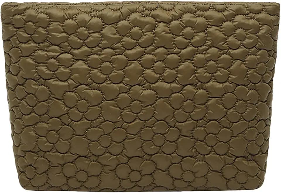 Puffy Quilted Makeup Bag, Cosmetic Travel Pouch, Brown Flower