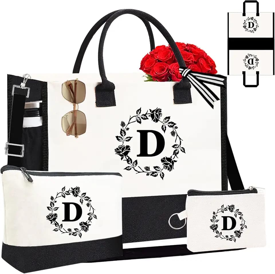 Monogram Personalized Initial Canvas Tote Bags for Women, Double-sided Embroidery Monogrammed Tote Bag Gifts