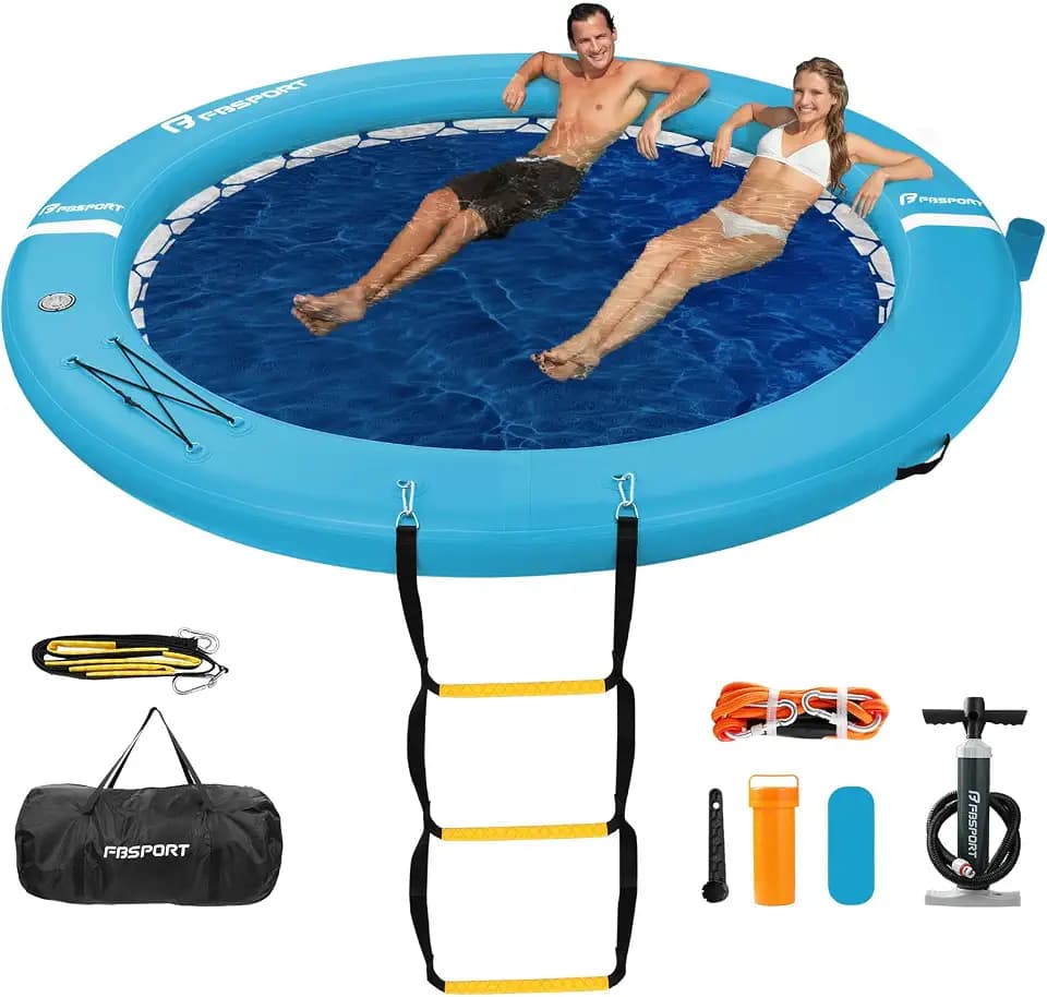 FBSPORT Inflatable Water Hammock Round Floating Ring, 10/8/6ft Inflatable Dock Floating Platform for Lake W/Cupholder, Sun Float Chill Raft Float Ring Tanning Pool Lounger Island Platform Pad
