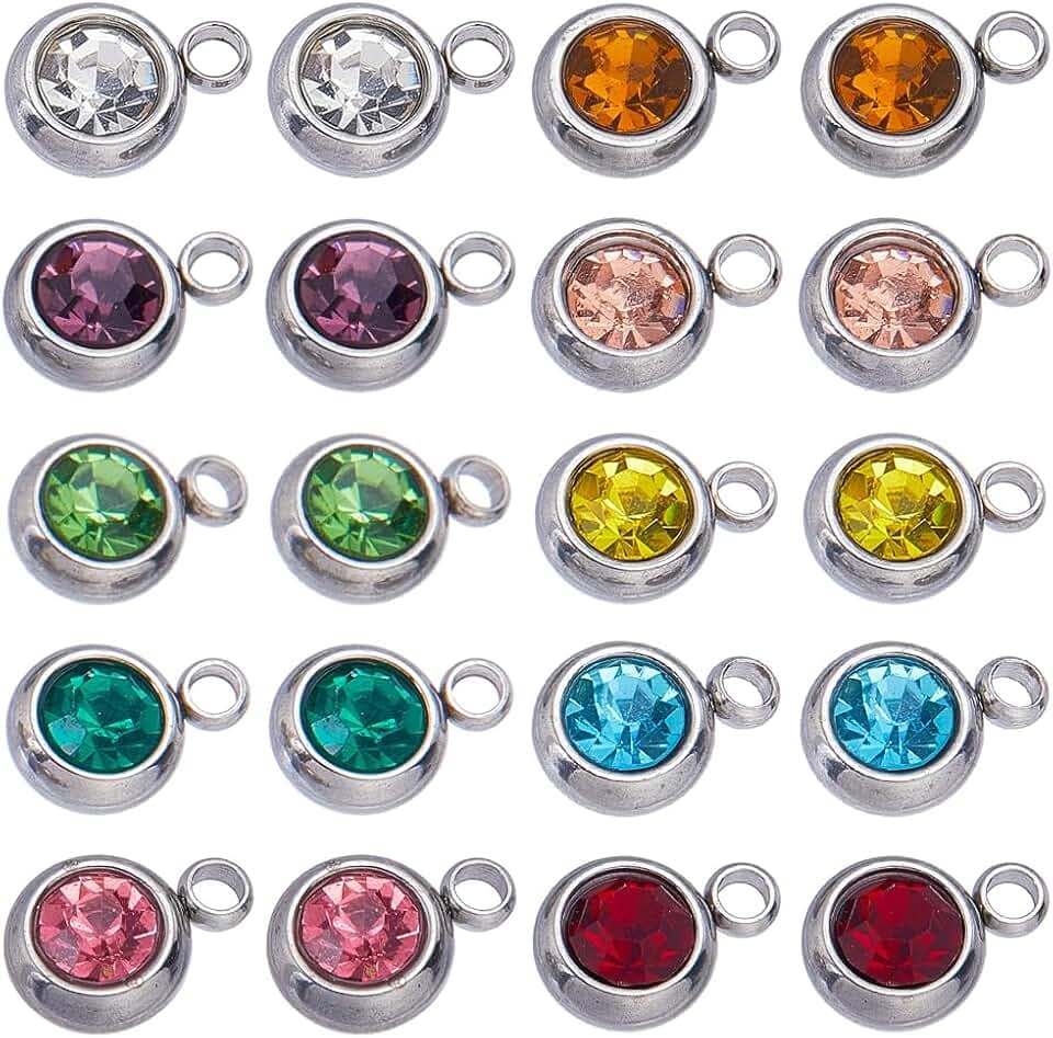 SUNNYCLUE 40 Stück Edelstahlstrass-Charms in 10 Farben - große Kristallrunde Perlen für Geburtssteine, Schmuckherstellung, Halsketten, Armbänder, Ohrringe DIY