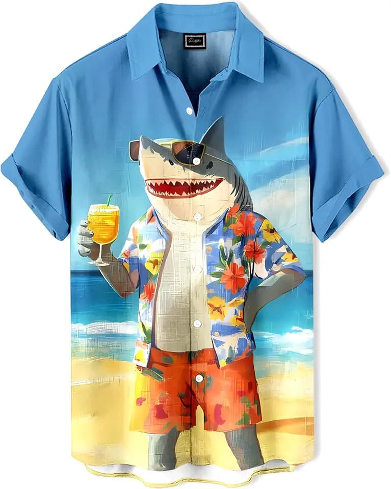 Men's Hawaiian Shirt, Artistic Funny Animal Print, Short Sleeve Vacation Shirt, Tropical Casual Beach