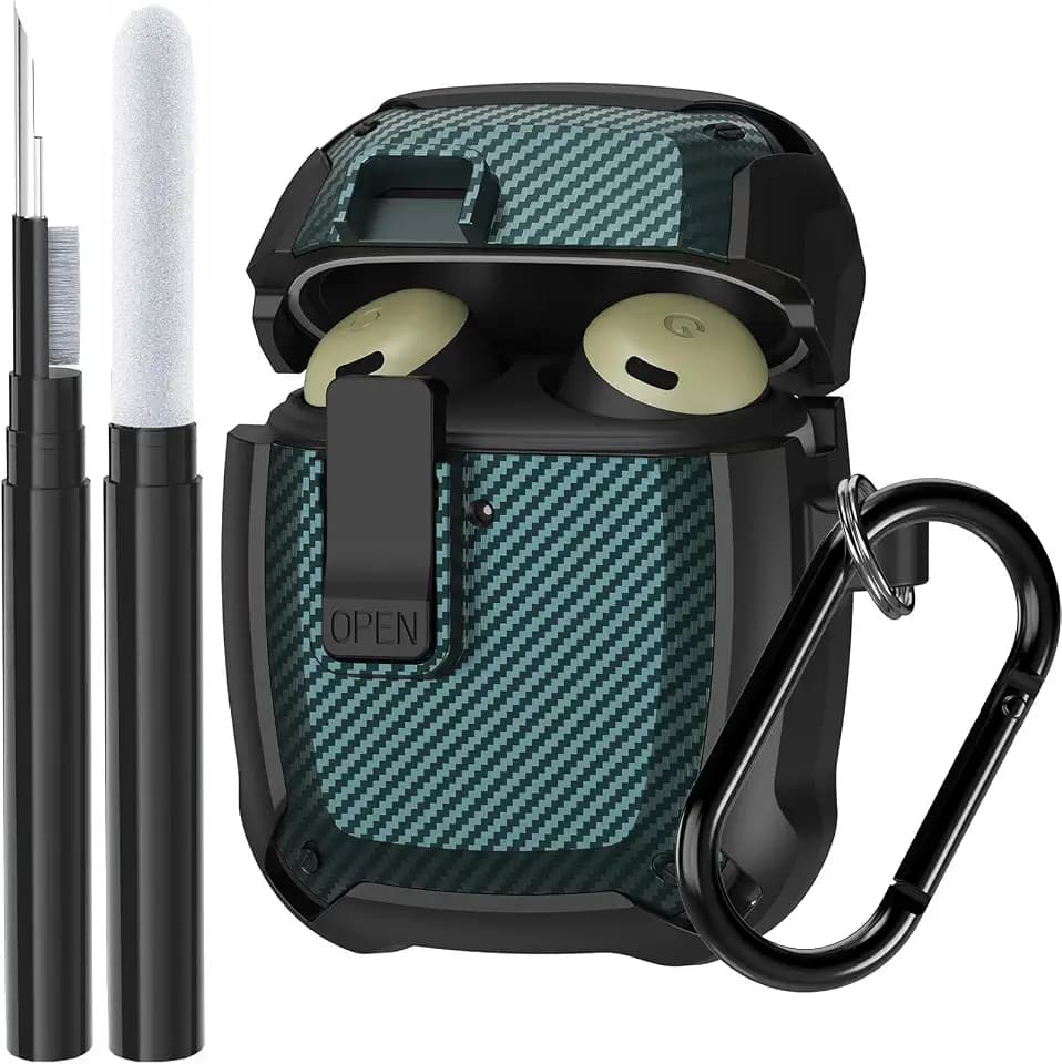 Google Pixel Buds Pro & Pro 2 Case with Cleaner Kit, Military Shell Protective Cover with Lock & Carabiner, Black/Green