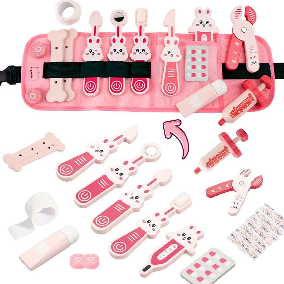 Wooden Doctor Kit for Toddlers 3-5, Pink Rabbit Kids Dentist Play Set with Portable Doctor Belt & 16+ Pcs Medical Tools, Pretend Play Doctor Toys Educational Birthday Gifts for Girls Age 3-8