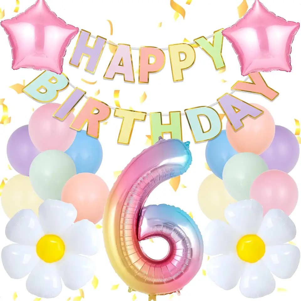 Happy 6th Birthday Decorations For Girls, Pastel Rainbow Party Decorations, 21 Pieces Including 6 Balloon Number, Daisy & Star Balloons, 12 Inch Pastel Balloons, Ribbon & Straw