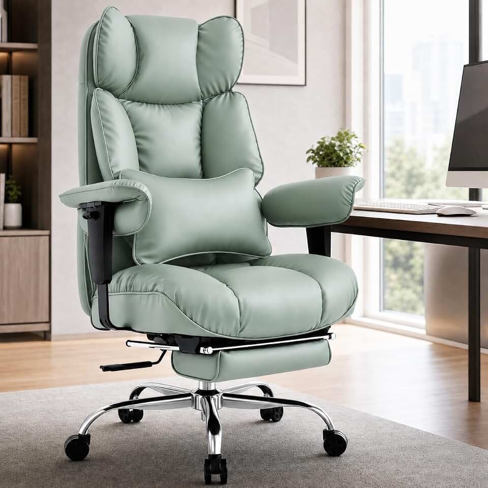 Efomao Bürostuhl mit Fußstütze, hoher Chefsessel Schreibtischstuhl, PU-Leder Drehstuhl Computerstuhl mit Lendenkissen, gepolsterten Armlehnen, höhenverstellbar, Home Office