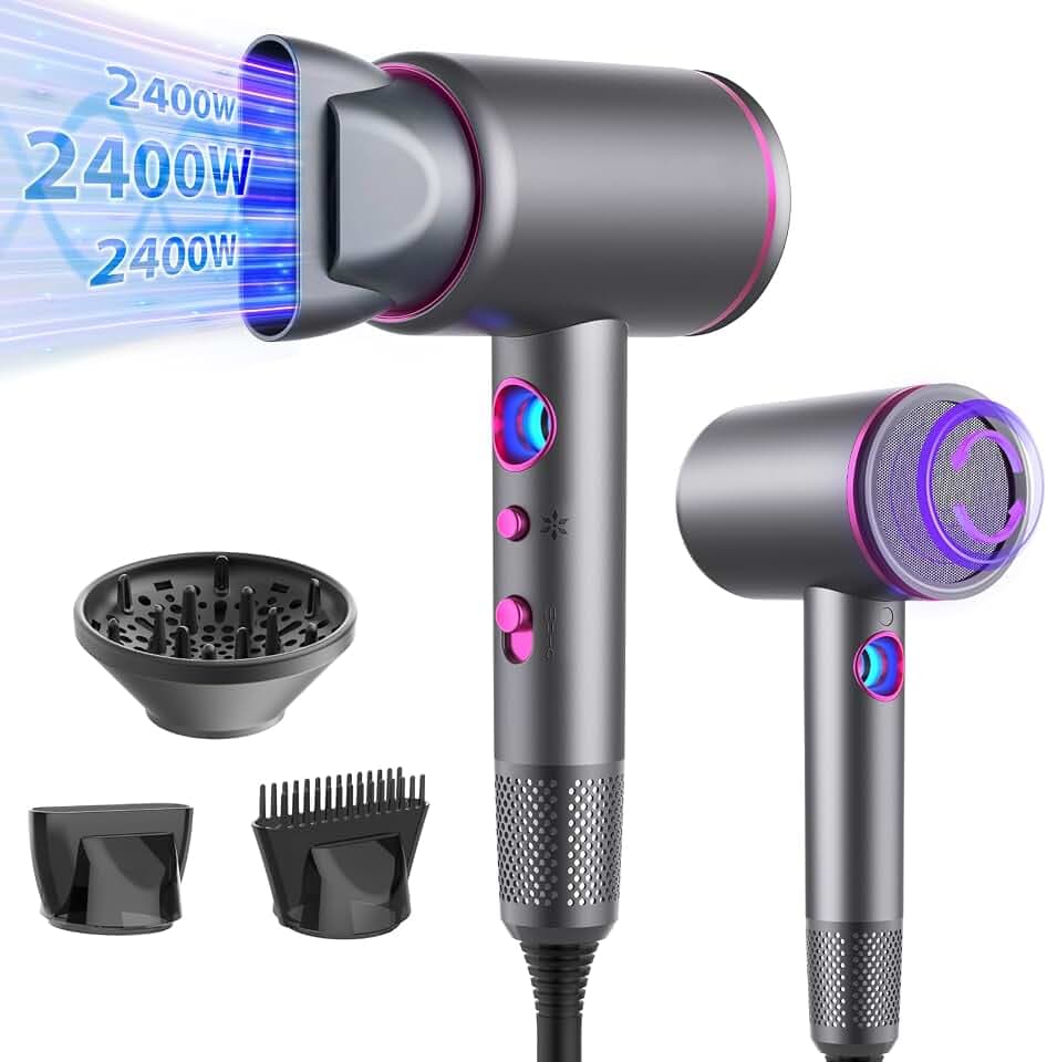 Anluomania Haartrockner Ionen, Föhn,Fön 2400W, Profi Haarfön, Reisefön, Professioneller Hair Dryer, Leicht Haarföhn Mit 3 Zubehör & Kontrollleuchte für Die Ringtemperatur, 3 Heiz/3 Geschwindigkeit