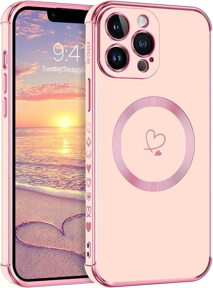 Telaso Magnetische Hülle für iPhone 13 Pro, Handyhülle für iPhone 13 Pro Niedliches Herz Muster [ Kompatibel mit MagSafe ] Weiche Plattierung Abdeckung für Frauen, Schutz der Kamera, Rosa