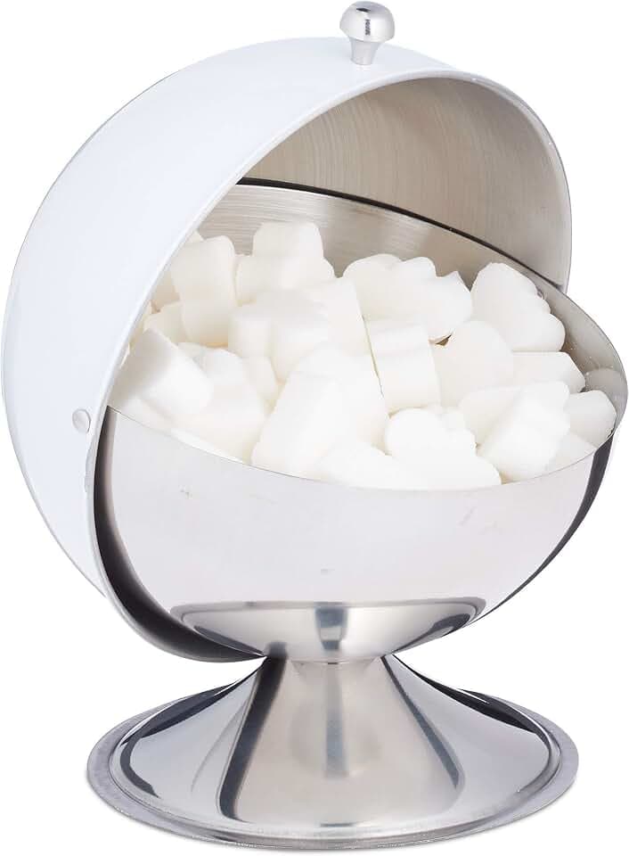Relaxdays Zuckerdose, mit Rolldeckel, glänzender Edelstahl, für Zucker & Süßigkeiten, Bonbondose, Zuckerkugel, weiß, 1 Stück