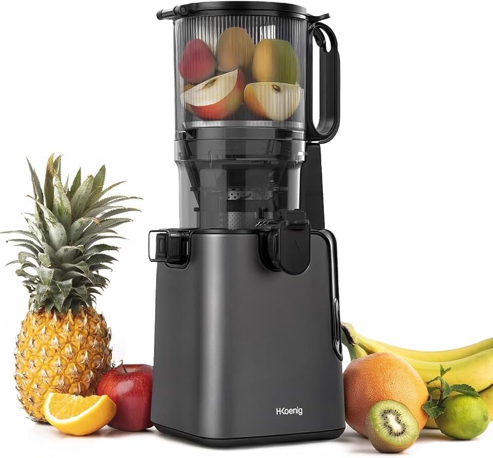 H.Koenig Vertikaler Entsafter GSX26 - BPA-frei, große Öffnung 135 mm, sanfter Druck 50 U/min, Edelstahl, geräuscharm, 250 W, Anti-Tropf-System, spülmaschinengeeignet