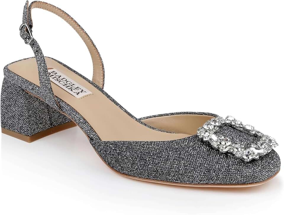 Badgley Mischka Women's Vivia Satin Block Heel Slingbacks with Crystal Buckle