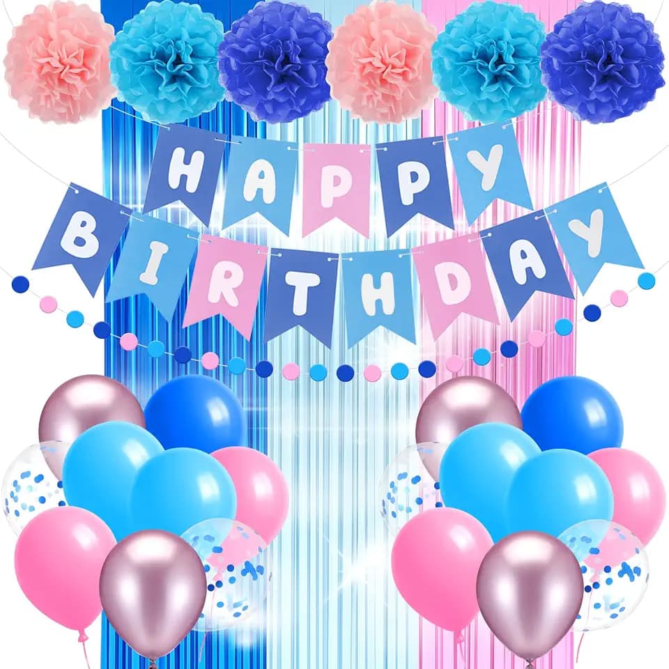 Tudomro 42 Pcs Blue and Pink Birthday Party Decorations Cute Cartoon Theme Party Supplies with Happy Birthday Banner Balloons Foil Fringe Curtains Paper Garland Pull Flower Tissue Paper Pom Poms