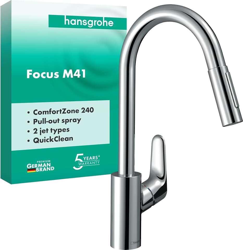 hansgrohe Focus M41 - Küchenarmatur mit Brause ausziehbar, 2 Strahlarten, Wasserhahn Küche mit Auslaufhöhe 240 mm, Mischbatterie Küche 150° schwenkbar, Chrom, 31815000