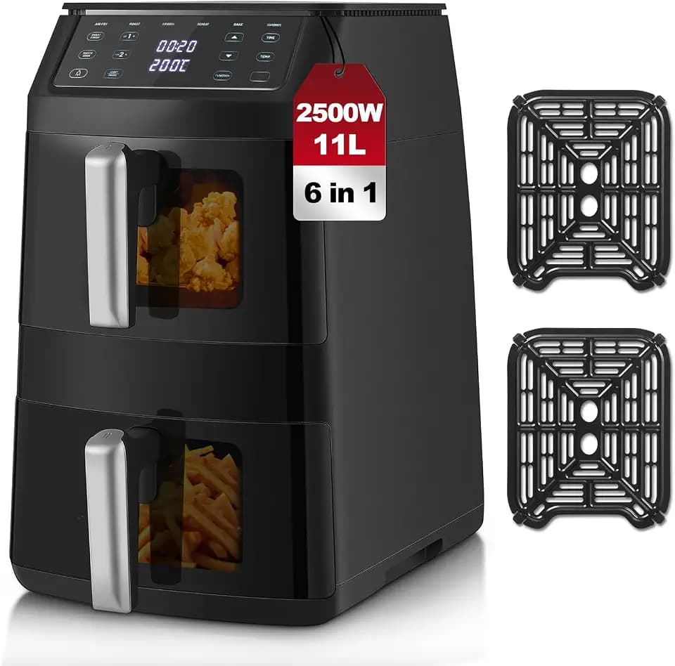 TopStrong Doppelkammer Heißluftfritteuse, 2500W Vertikale Double Stack Airfryer 2 Kammern mit Sichtfenster, Platzsparendes Design, 6 Funktionen, Gleichmäßiges Garen & Wende-Erinnerung, 11L