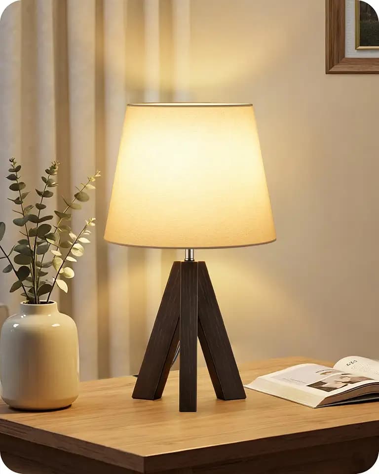 Small Table Lamp for Bedroom, 14.6" Bedside Lamp with White Linen Shade and Walnut Wood Tripod Base, Modern Nightstand Lamp for Living Room, Nursery, Entryway, E26 Socket, VW51TL05