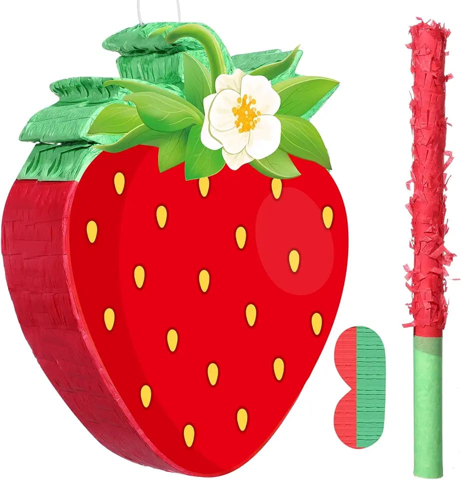 Aoriher Strawberry Piñata Red Strawberry Party Game Set Summer Fruit Piñata Berry Birthday Decoration with Stick and Mask for Summer Fruit Theme Birthday Baby Shower Party Game Supplies Decoration