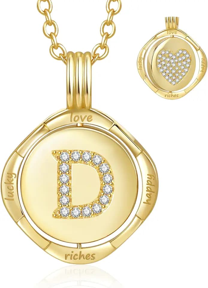 Gold Initial Necklace for Women - 14K Gold Plated Heart Necklaces, Double Rotating Letter Pendants, Personalized Women’s Jewelry, Birthday Gifts, Christmas Valentines Day Present
