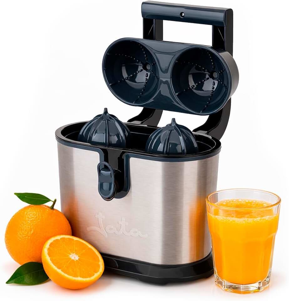 JATA JEEX1236 Elektrische Orangenpresse mit Doppelkegel, 1100 W, Gehäuse aus Edelstahl, Tropf-Stopp-System, abnehmbare und waschbare Teile, automatischer Gelenkarm, rutschfester Boden
