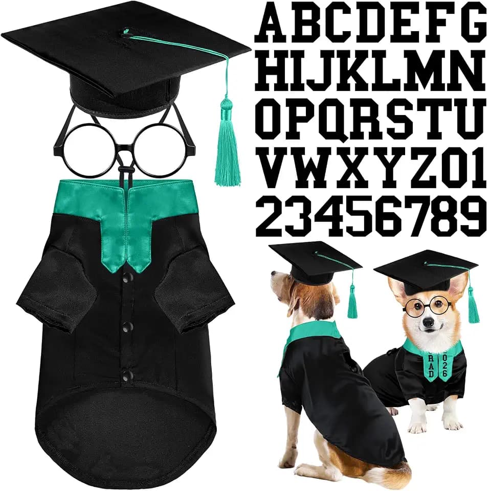 Huhumy 5 Pcs Dog Graduation Costume Set Include 2026 Pet Graduation Gown with Stole Puppy Grad Cap Lensless Glasses DIY Letter Stickers for Dogs Cats Holiday Costume Accessory(Black Green,L)