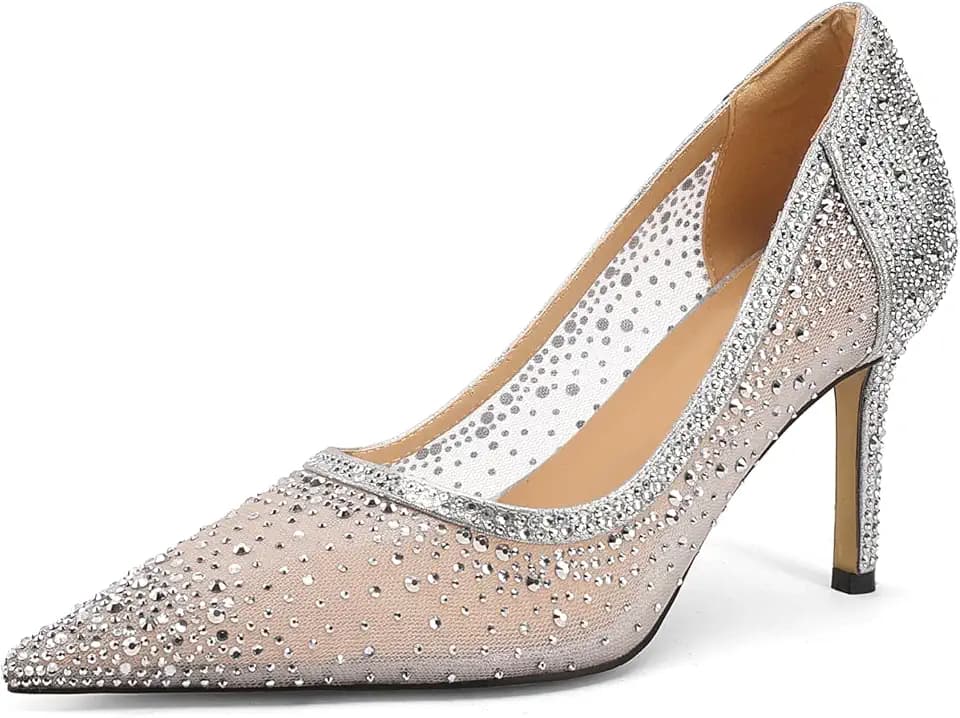 Women's Rhinestone Mesh Pointed Toe High Heels Sparkly Stiletto Pumps for Wedding Party Evening