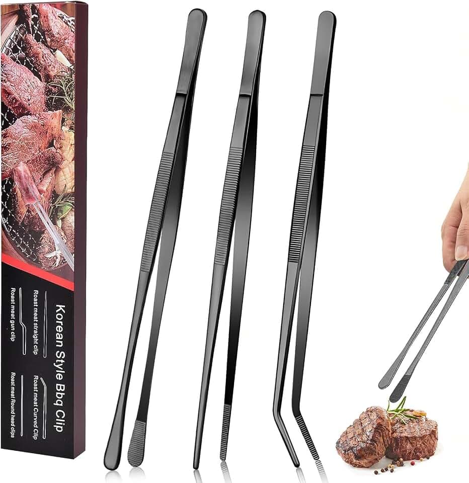 3 Stück Küchenpinzette Kochpinzette Grillpinzette,Präzision Gezackte Spitzen,Edelstahl BBQ Würstchen Küchenzange zum Grillen, Beschichten und Servieren Pinzette Küche(Schwarz)