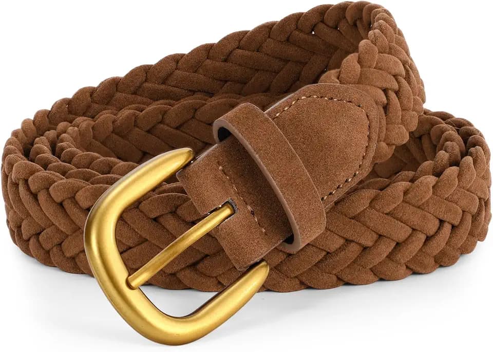 XZQTIVE Women’s Braided Suede Belt – Adjustable Woven Waist Belt with Gold Buckle for Dresses, Jeans & Casual Outfits