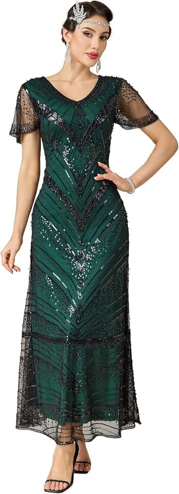 MTITE Women’s Flapper Dress 1920s V-Neck Sequin Beaded Maxi Dress for Evening Party