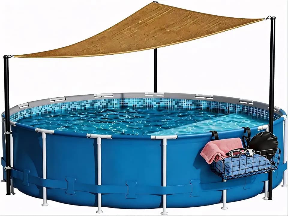 Pool Canopy Shade Set for Above Ground with Metal Storage Basket, UV-Resistant Sun Shade Patio Shade with Wind Ropes Stakes, Fit for 11-16Ft Pools (10x10x10 Ft)