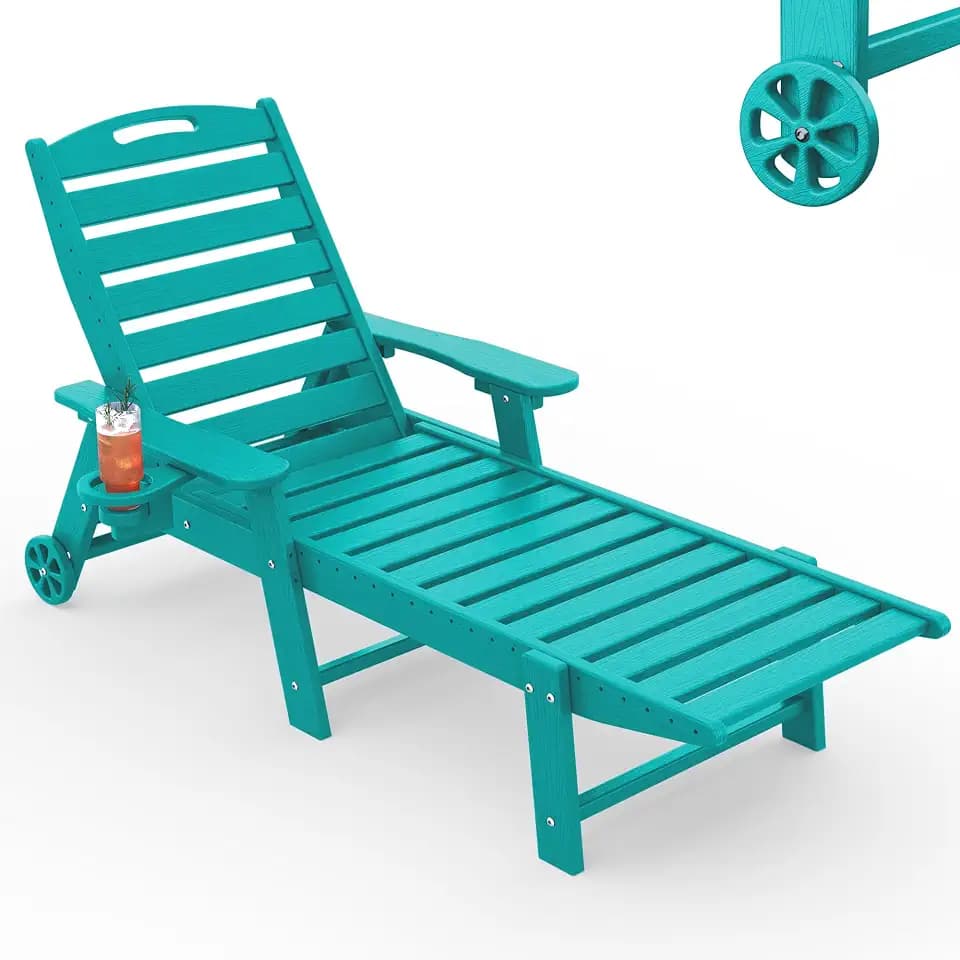 Chaise Lounge Outdoor, Lounge Chair Outdoor with Wood Texture, Adjustable 5-Position Backrest, HDPE Lounge Chair with Wheels & Cup Holder for Pool Deck Backyard, Lake Blue