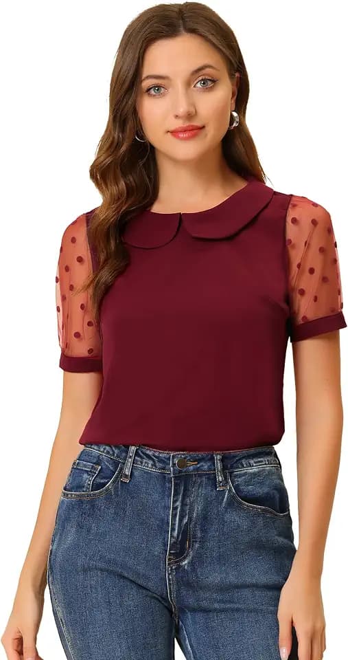 Allegra K Women's Peter Pan Collar Shirt 1950s Polka Dot Mesh Sleeve Blouse