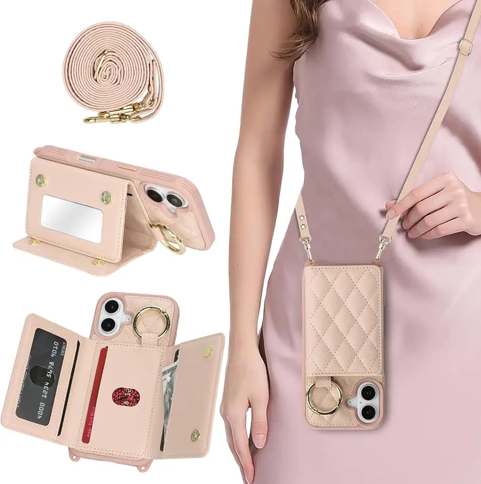 for iPhone 16 Case with Card Holder and Strap, Rose Gold