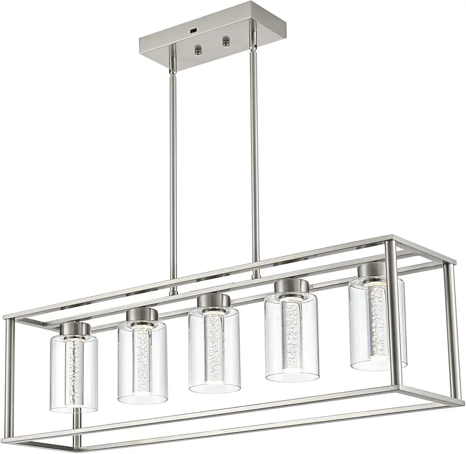 LED Linear Chandeliers Farmhouse Rectangle Pendant 5 Light with Clear Glass and Crystal Bulb,Black Modern Dining Room Lighting Industrial Kitchen Island Foyer Light Fixture Hanging