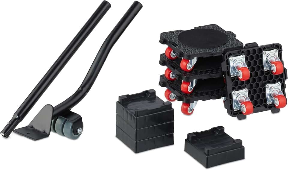 Relaxdays Möbelheber und Möbelroller Set, Transportrollen Möbel, bis 300 kg, 4 Aufsätze, Möbelverschieber, schwarz/rot