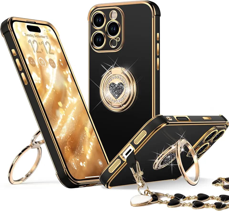 XYZ for iPhone 16 Pro Max Case with Stand, Phone Case with Double Ring Kickstand, Women Girls Bling Luxury Protective Case Heart for iPhone 16 Pro Max 6.9 inch, Black