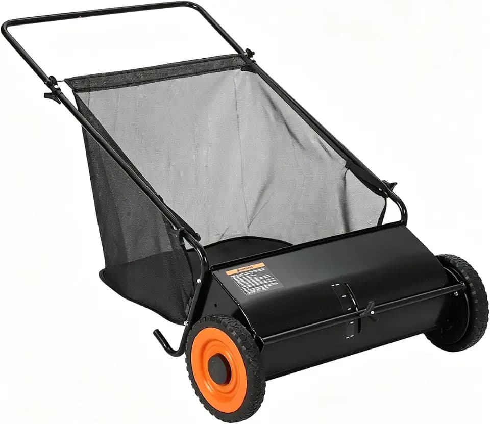 26-Inch Push Lawn Sweeper, 7 Cu. Ft. Hopper Leaf & Grass Collector, 4 Spinning Brushes, Adjustable Brush Height, Manual Yard Sweeper for Grass Clippings, Leaves & Light Debris, Black
