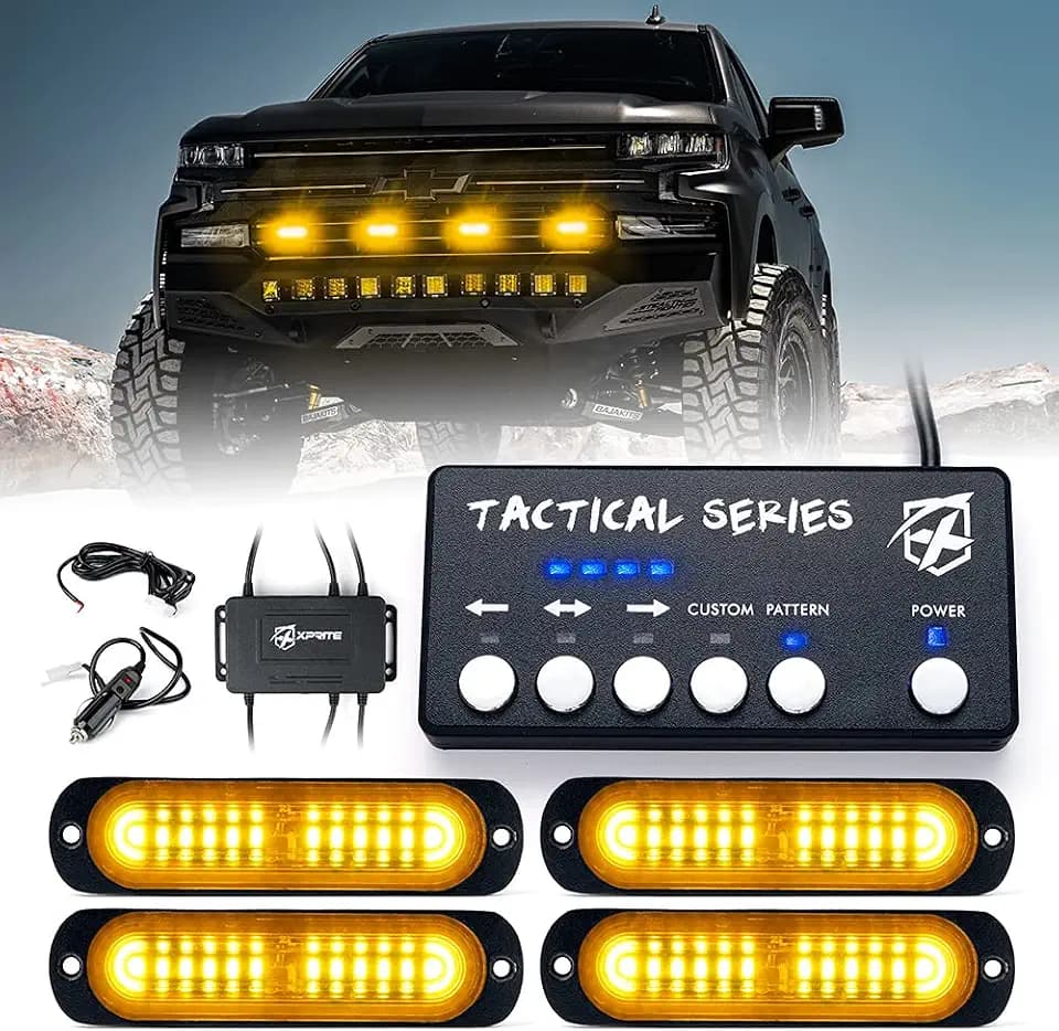 Xprite Amber LED Surface Mount Strobe Lights Kit, Grill Grille Side Marker Light Flashing Emergency Warning Light Assemblies w/Control Box for Trucks Vehicles ATV RV Cars Van - 4PCS