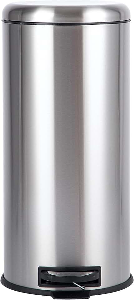 Amazon Basics Runder Tret-Mülleimer,Zylindrisch Edelstahl, 30 l, Satin
