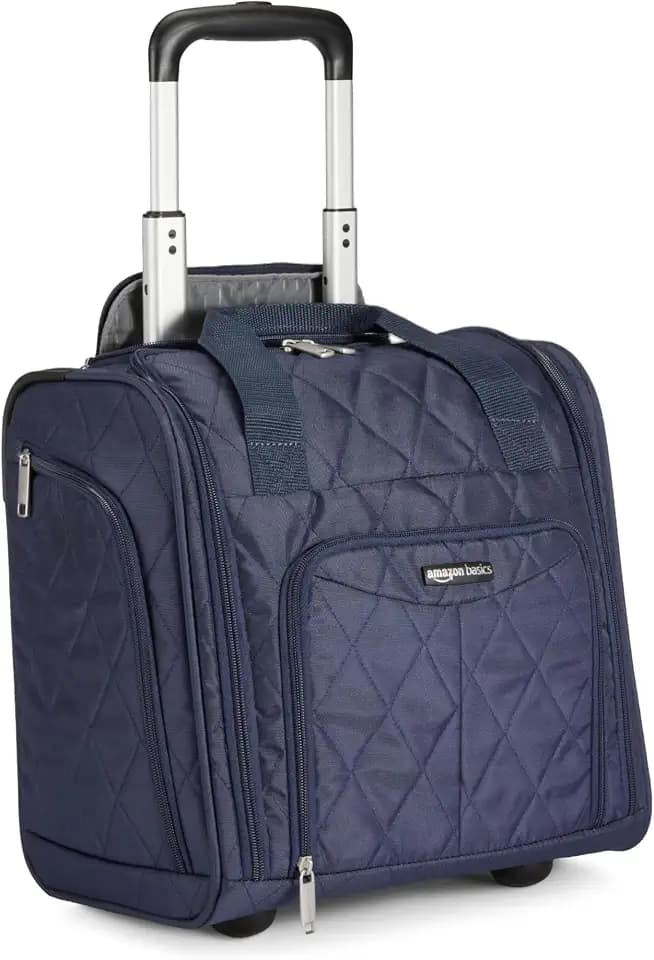 Amazon Basics Underseat Carry-On Luggage with Wheels, 14" Rolling Travel Bag, Fits Under the Seat with Multiple Pockets and Compartments, Navy Quilted