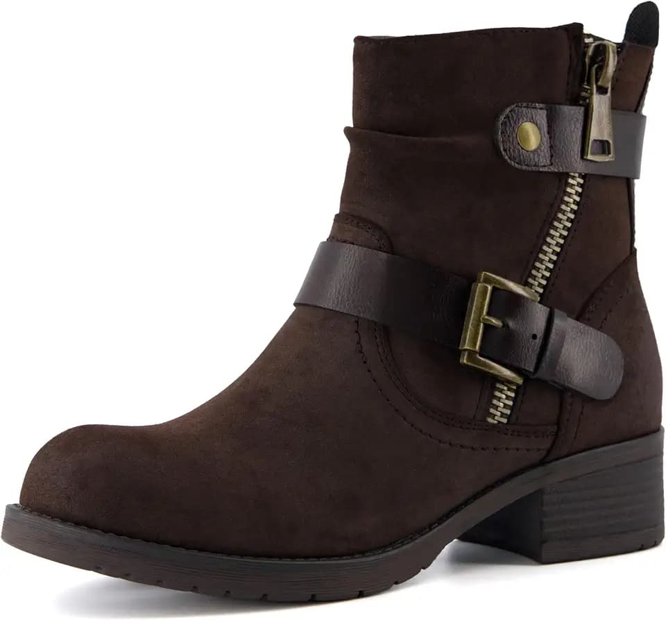 Dunes Max Motorcycle Womens Ankle Boots – Comfortable Booties for Women with Zipper & Buckle, Combat Boots Style, Memory Foam, Wide Width Options