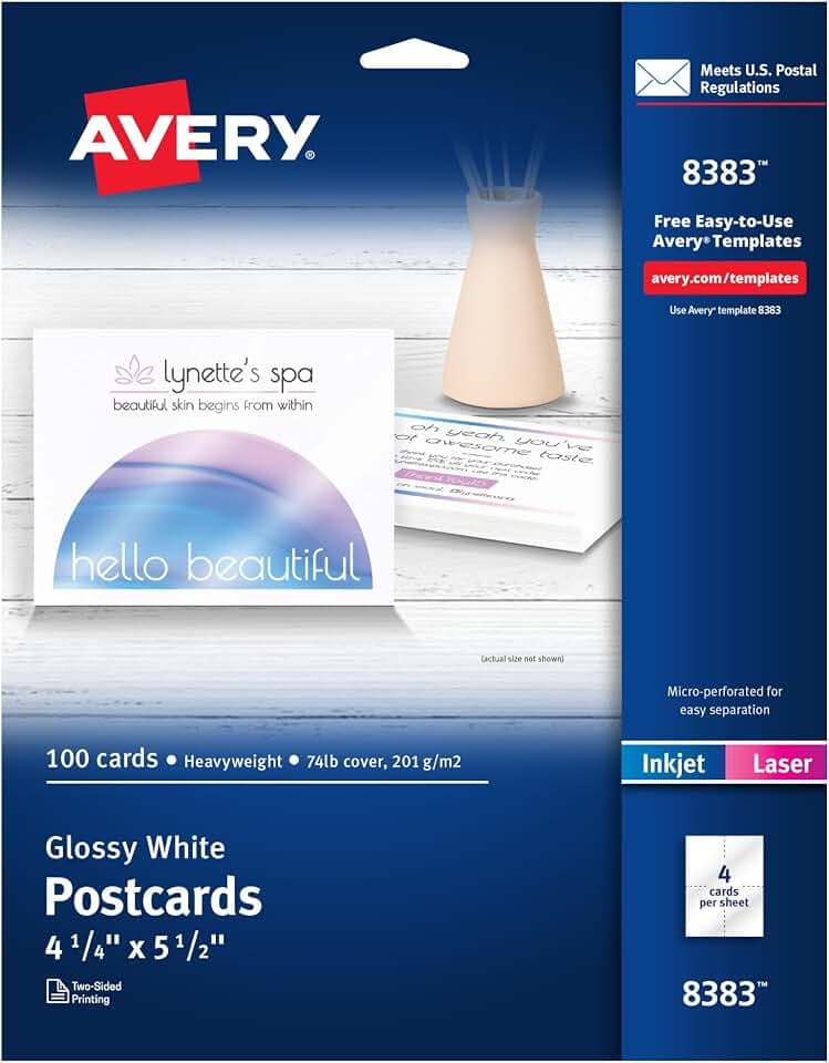 Avery Printable Postcards, 4.25" x 5.5", Glossy White, 100 Blank Postcards for Inkjet and Laser Printers (8383)