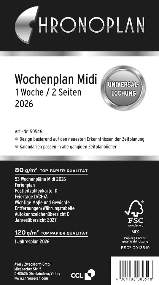Chronoplan 50546 Kalendereinlage 2026 (Wochenplan Midi (96x172mm) Ersatzkalendarium für Terminplaner, ideal für detaillierte Wochenplanung, 1 Woche auf 2 Seiten in Spalten, mit Universallochung) weiß