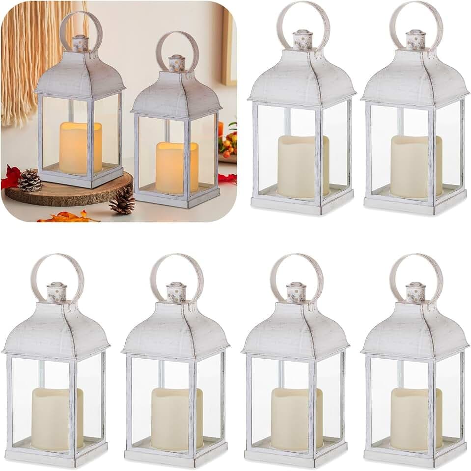 White Small Lanterns with LED Candles, Set of 6 Wedding Decor