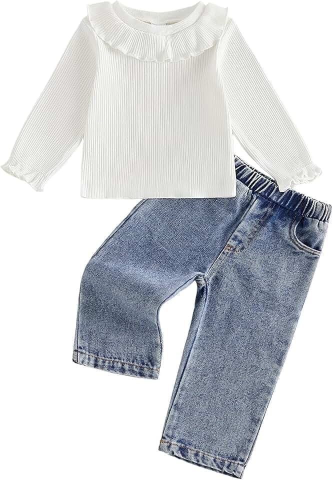 Adobabirl Baby Girl Fall Clothes Toddler Outfit Ruffle Ribbed Long Sleeve Shirt and Jeans Denim Pants Set 2 Piece Clothing