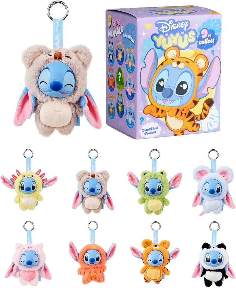Disney YuYus Stitch Wave 1 – Plüsch-Vinyl-Charms im Blindbox-Format, Bag-Charm-Trend, 9 tierische Designs wie Tiger oder Axolotl, Karabiner, Überraschungsfigur, ca. 12 cm, für Kinder & Fans