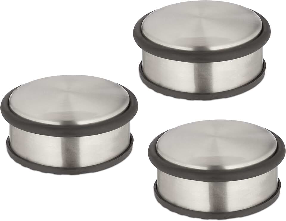 Relaxdays Türstopper 3er Set, HxD 4,5 x 10,5 cm, flach & schwer, rutschfest, Türzuschlagbremse Edelstahl, Silber/schwarz