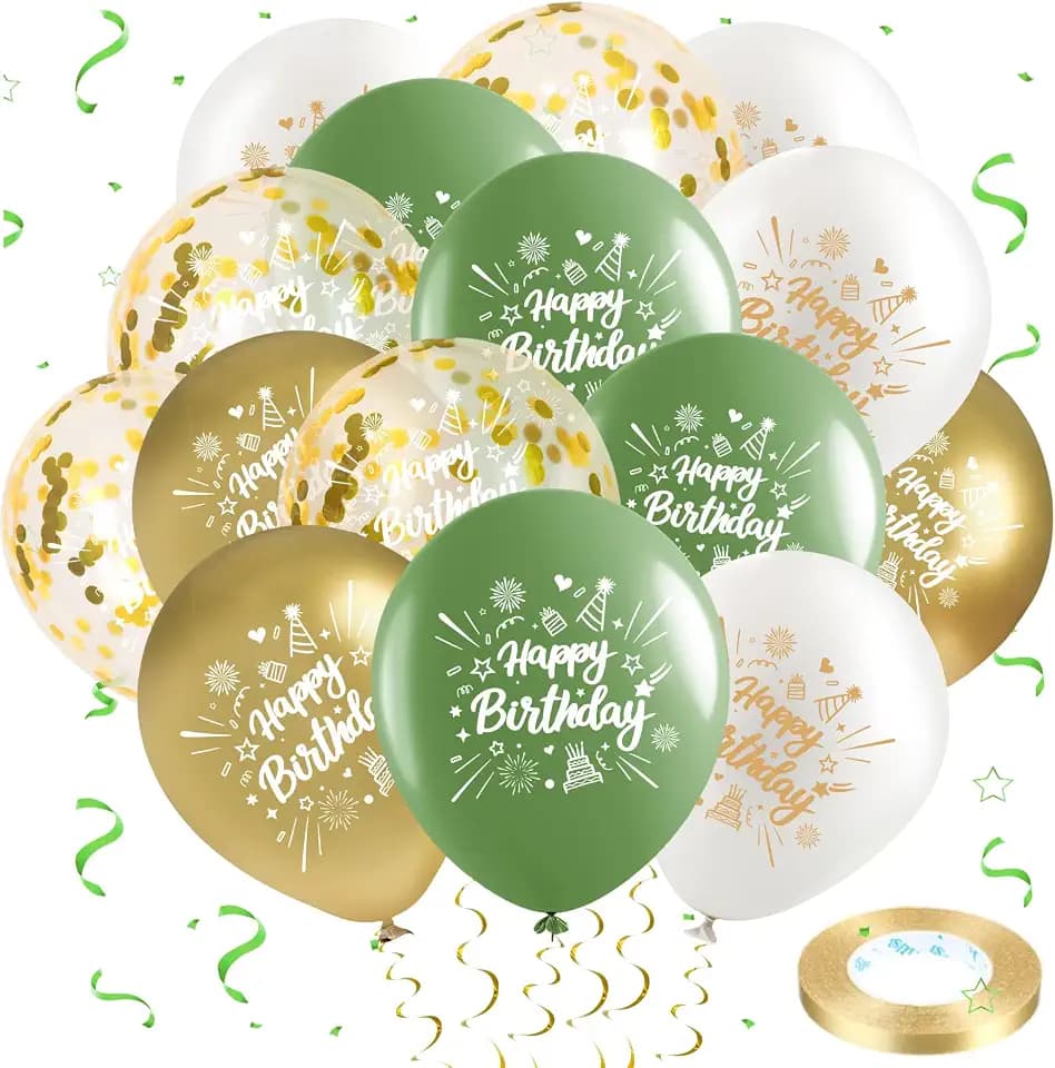 Happy Birthday 24 Sage Green, Gold Latex Balloons Confetti 12 inch