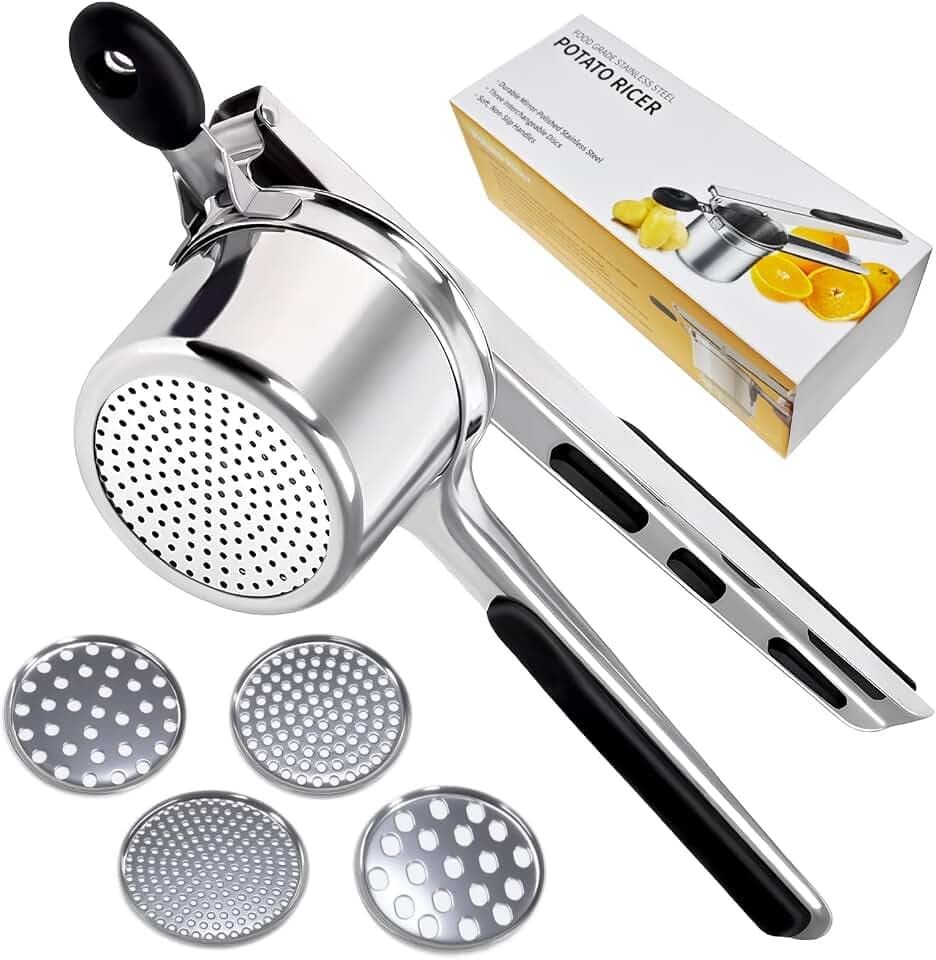 Kartoffelpresse Edelstahl, Spätzlepresse mit 4 Austauschbaren Spätzlesieb in Verschiedene Porengrößen & Silikon Griff, Potato Ricer für Kartoffelpüree, Spaghetti, Obstsäfte, Spätzle, Spülmaschinenfest