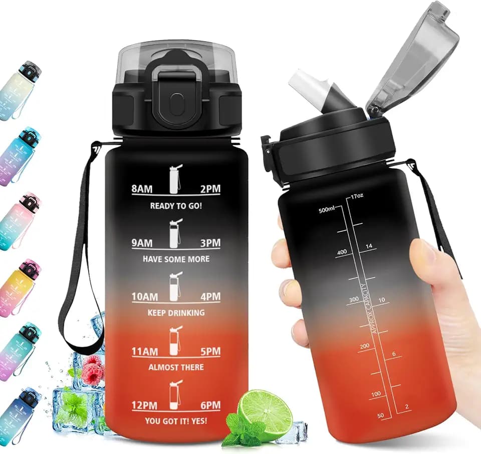 Sportflasche 500ml, Auslaufsicher, BPA-frei, Trinkflasche mit Zeitmarkierung & Strohhalm, Trinkflasche Kohlensäure Geeignet, Motivierende Wasserflasche für Fitness, Schule, Fahrrad, Yoga, Camping,
