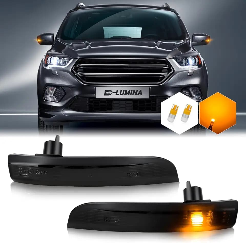 D-Lumina LED Side Mirror Turn Signal Light Smoked Lens for 2013-2018 Fo-rd Kuga Escape Ecosports, 2012-2018 Focus ST RS, 2013-2017 C-Max, Amber LED Lights with OEM Housing